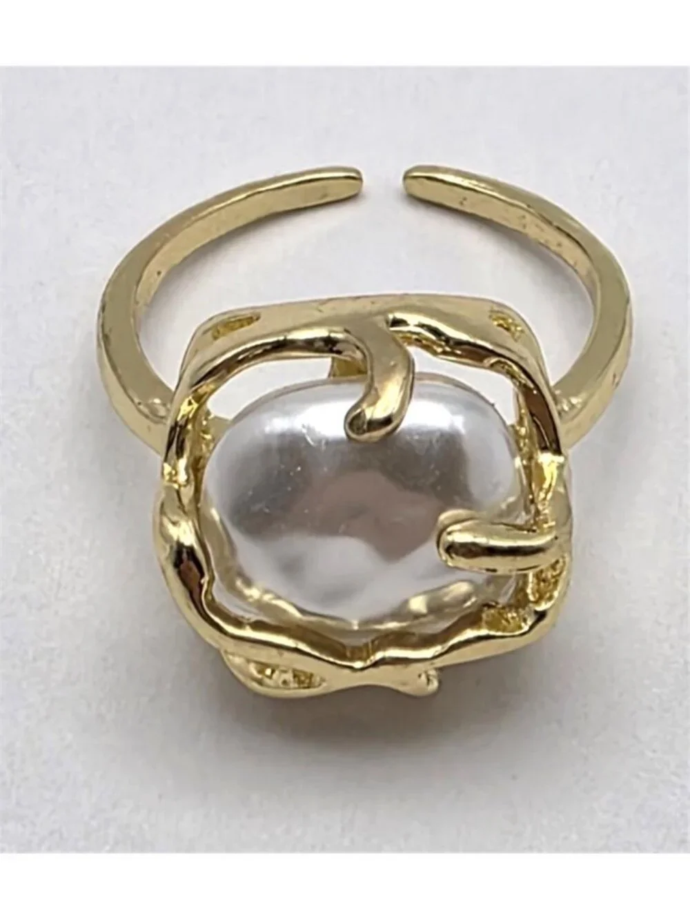 Faux Baroque Pearl Statement Ring Gold Plated Brass Organic Modern Size 8.5
